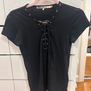 Pam & Gela Black Lace-Up Short Sleeve Tee